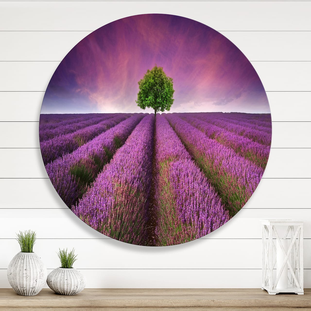 Designart - Stunning Lavender Field Summer Sunset With Tree - Farmhouse Metal Circle Wall Art